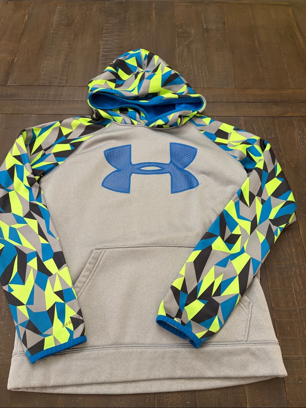 Under Armour Gray Hoodie with Blue and Neon Geometric Sleeves